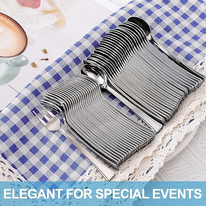 200Pcs Mini Plastic Forks and Spoons, 100 Pcs Silver Forks & 100 Pcs Silver Spoons, Disposable Plastic Silverware, Mini Spoon and Fork for Appetizers Desserts Cake Parties Weddings(4.3 Inch)