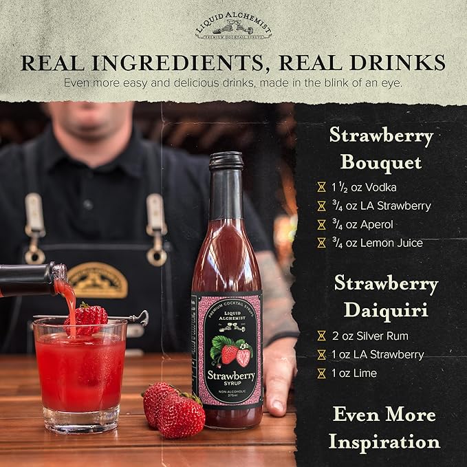 Liquid Alchemist Strawberry Syrup for Drinks - Real Ingredients Make our Strawberry Puree for Drinks a Perfect Margarita Mix - Our Flavored Syrup is Gluten & Dairy Free (25.4 oz)