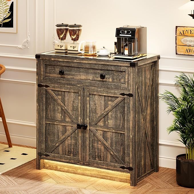 FREDEES Buffet Sideboard with Storage,Farmhouse Coffee Bar Cabinet with Drawers and Shelves,Buffet Cabinet with LED Lights for Kitchen,Living Room,Dinning,Brown