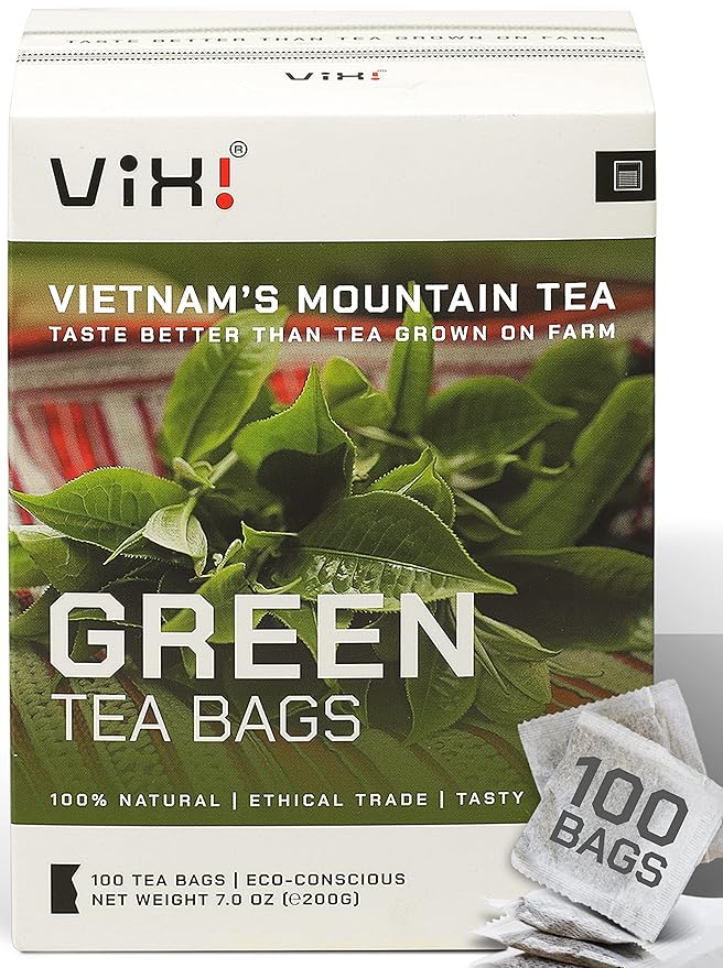 VIXI Green Tea Bags, 100 Counts, Vietnam's Mountain Tea, Antioxidant, Caffeinated, Tagless, Plastic Free, Balanced Flavored, 100% Natural for Hot, Iced and Cold Brew