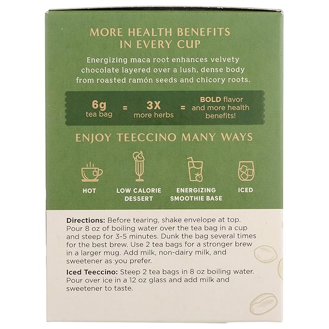 Teeccino Herbal Tea – Maca Chocolaté – Adaptogenic Peruvian Maca, Cacao, Chicory, Prebiotic, Caffeine Free, Acid Free, Coffee Alternative (10 Count (Pack of 4))
