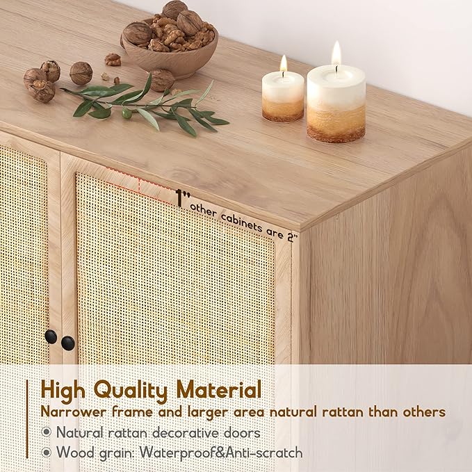 XIAO WEI Sideboard Buffet Cabinet with 2 Natural Rattan Decorated Doors, 31.5" W Accent Rattan Cabinet, Boho Credenza Storage Cabinet, for Living Room Dining Room Hallway, Metal Legs, Natural