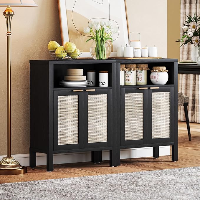 HOMCOM Rattan Sideboard Buffet Cabinet with Storage, Modern Accent Cabinet with 2 Doors and Adjustable Shelf, Freestanding Buffet Table for Entryway Living Room, Distressed Black