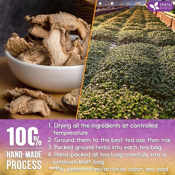 FreshDrinkUS, Premium 135 Ginger Tulsi Tea Bags, 100% Natural, Hand-made Blend of Ginger and Tulsi Holy Basil Leaves, Eco-conscious Tea Bags. Herbal Tea. No Sugar, No Caffeine, Vegan.