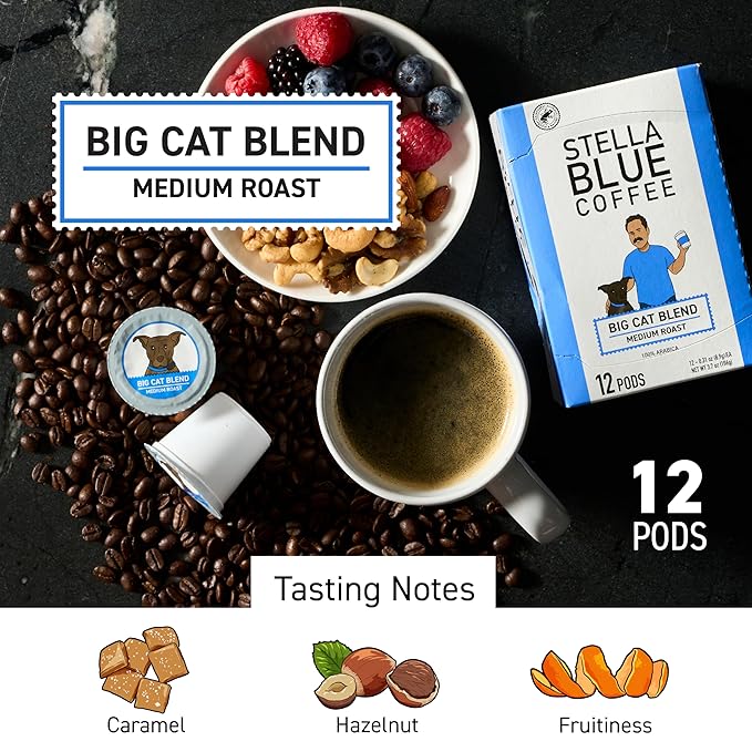 Stella Blue Coffee Pods, Big Cat Blend, Medium Roast Caramel Hazelnut, Fruity Notes 100% Arabica Beans, Ethically Sourced from Central and South America, 12 Recyclable K Cup Compatible Pods