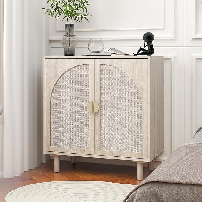 2-Door Storage Cabinet with Textured Woven Doors, Modern Sideboard Buffet for Small Spaces & Apartments, Accent Cabinet with Adjustable Shelf for Moving Season for Living Dining Room