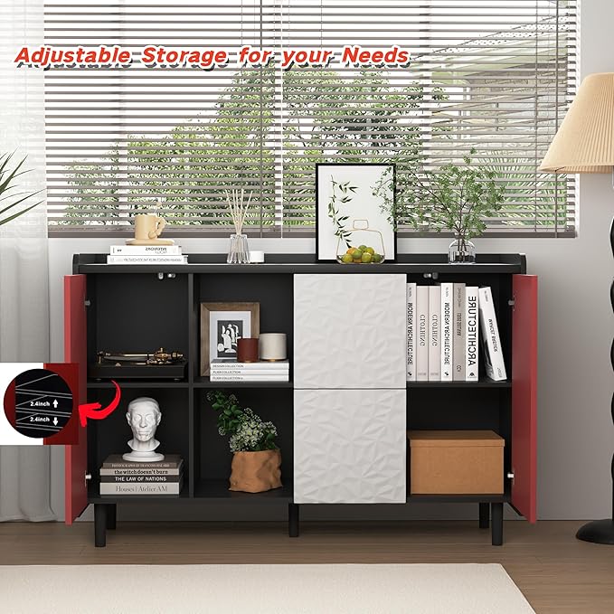 47" Buffet Cabinet with Storage, Modern Coffee Bar, Kitchen Cabinet with 2 Push-to-Open Drawers and 2 Red Doors for Dining Room, Living Room