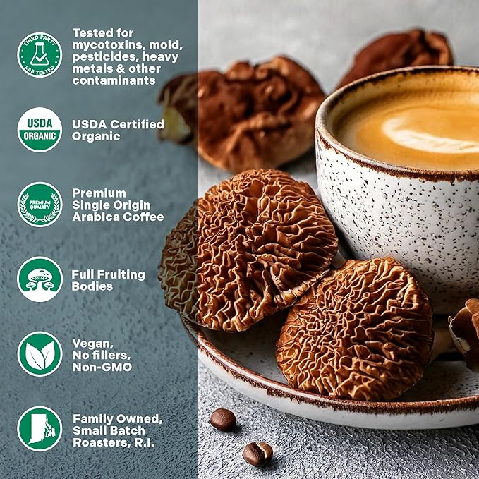 Organic 14 Mushroom Coffee Blend Dark Roast, Organic Lion's Mane, Chaga, Red Reishi and more, Chocolate Notes, Enhances Overall Health, Immune Support And Wellbeing, Ground 12 oz Bag