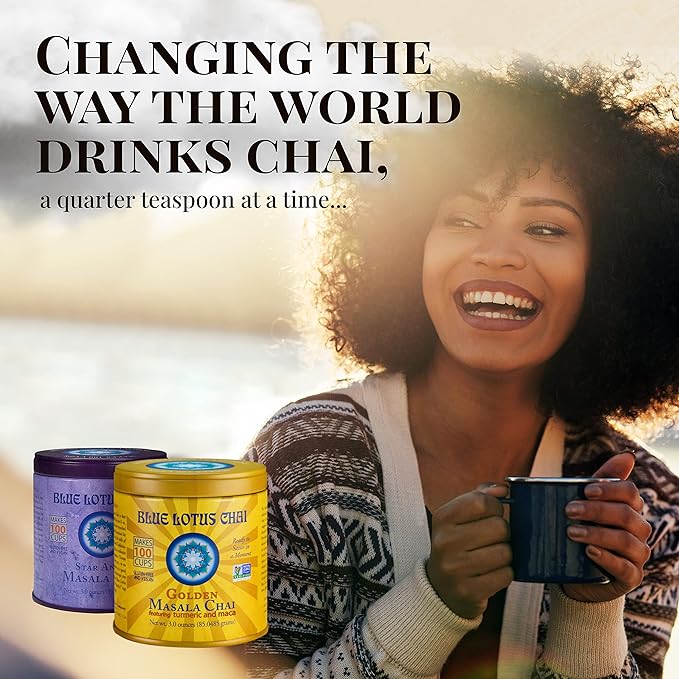 Blue Lotus Chai Tea - Traditional Masala Chai - Makes 100 Cups - 3 Ounce Masala Spiced Chai Powder with Organic Spices - Instant Indian Tea No Steeping - No Gluten