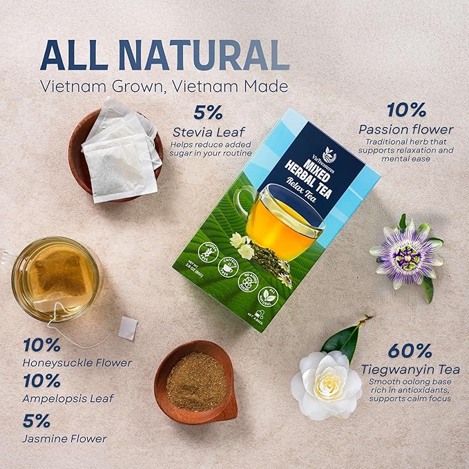 VieTreasures Relax Herbal Tea – 40 Tea Bags | Promotes Relaxation | Tieguanyin Base with Passionflower & Honeysuckle | Jasmine Infusion, Caffeine-Free, Sugar-free, Organic Blends, 2.8oz
