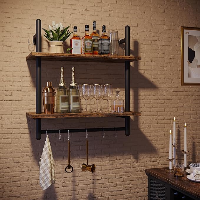 Bestier 24" Floating Kitchen Shelves Wall Mounted 2 Tier Coffee bar Shelves with 8 Hooks, Industrial Wall Shelf for Kitchen, Living Room Bedroom, Rustic Brown