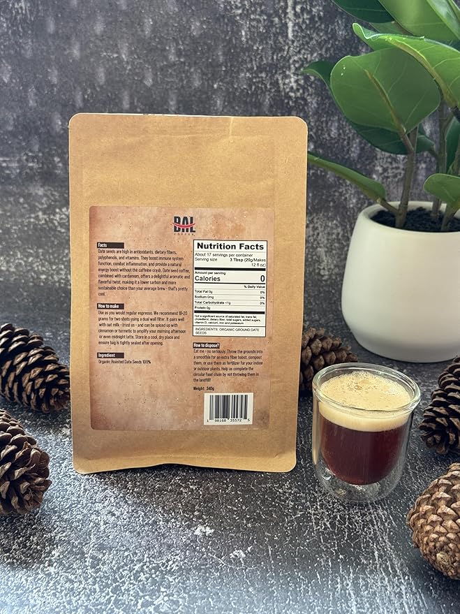 BAL Coffee Alternative Datespresso - 12 oz /340 g | Caffeine-Free & Vegan-Friendly | Espresso Substitute Brews & Tastes like Original | Smooth Grind Crafted from Date Seeds | Rich & Smooth flavor