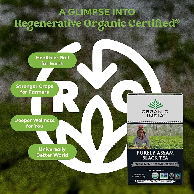 Organic India Purely Assam Black Tea - Caffeinated Herbal Tea Bags with Natural Assam Leaves, Enjoy with Milk & Sweetener, USDA Organic, Non-GMO, Fairtrade Certified - 18 Bags (Pack of 6)
