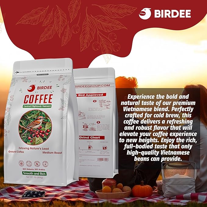 Birdee Vietnamese Coffee – 1 LB, Medium Roast Whole Bean, Arabica and Robusta, Hand-Picked, Resealable Bag, Smooth Flavor, Low Acid, High Caffeine, Single-Origin