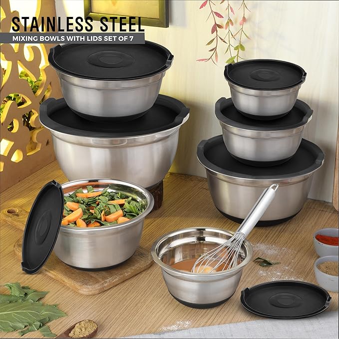 Avador Premium Stainless Steel Mixing Bowls, Set of 7 EXTRA Large Stainless Steel Mixing Bowl Set, Easy To Clean, Space Saving, Great for Cooking, Baking, Prepping (0.25, 1, 1.5, 3, 4, 5 and 8 Quart)