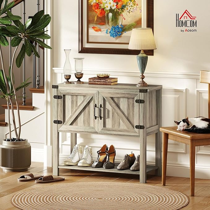 HOMCOM Farmhouse Double Door Coffee Bar Cabinet, Console Table, Sideboard Buffet Cabinet with Bottom Shelf for Entryway, Living Room, Washed-Out Gray