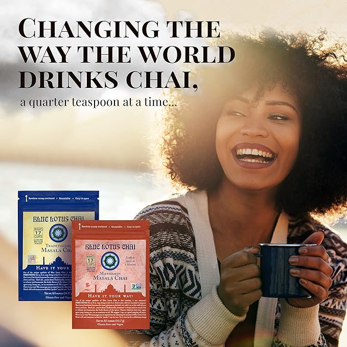 Blue Lotus Chai - Golden Masala Flavor Chai - Makes 17 Cups - 0.5 Ounce Masala Spiced Chai Powder with Organic Spices - Instant Indian Tea No Steeping - No Gluten