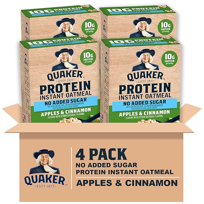 Quaker Protein Instant Oatmeal, Apple Cinnamon, 12g Protein per Serving, Whole Grains, No Artificial Flavors, No Added Colors, 1.76 oz Packets, (24 Pack)