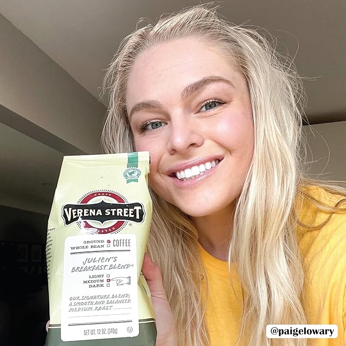 Verena Street 12 Ounce Ground Coffee, Medium Roast, Julien's Breakfast Blend, Rainforest Alliance Certified Arabica Coffee