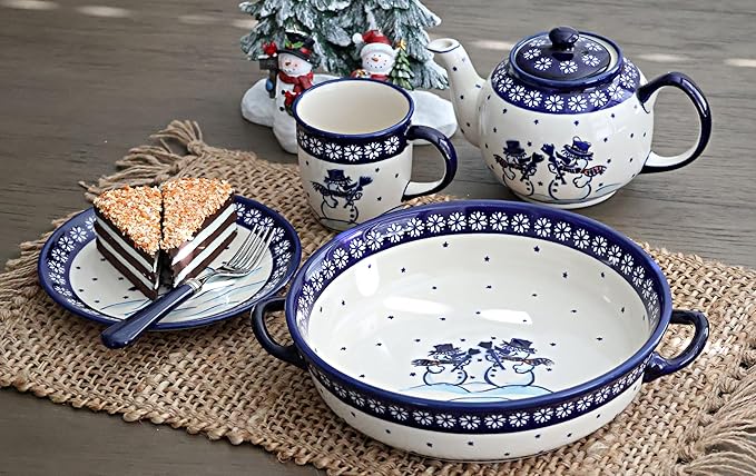 Blue Rose Polish Pottery - Blue Frosty Friend Medium Teapot - 4 Cup Capacity - Ceramic Christmas Teapot, Festive Holiday Design for Serving Tea & Cocoa