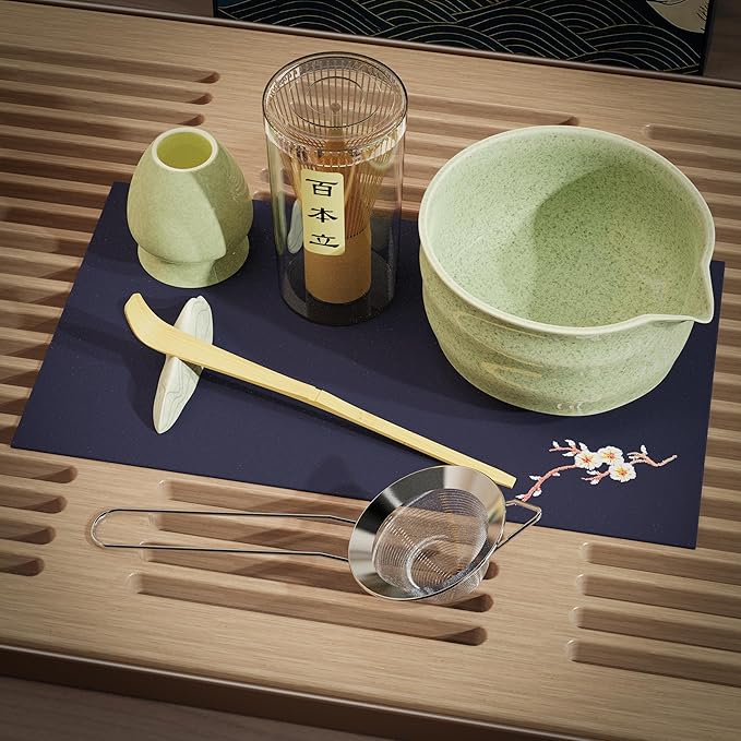 8-Piece Matcha Whisk Set with Ceramic Bowl & Bamboo Tools, Complete Japanese Matcha Tea Ceremony Kit, Green Speckled Chawan with Spout, Matcha Starter Set for Home Rituals & Gifts
