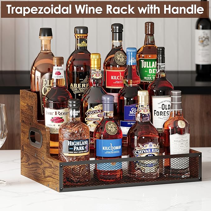 3-Tier Liquor Bottle Display Shelf, Countertop Liquor Wine Rack with Handle, Bar Bottle Display Shelves, Coffee Syrup Rack Organizer, Brown Liquor Display, Home Retro Bar Shelf Stand (Patent Pending)
