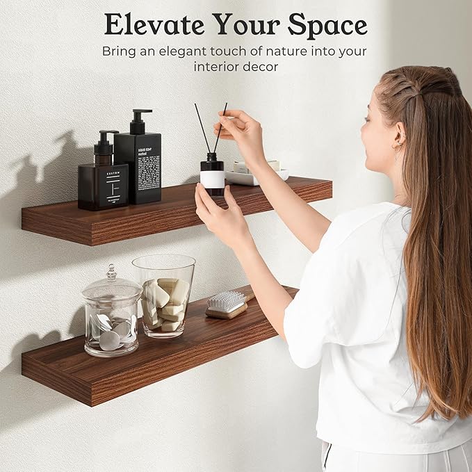 Floating Shelves for Wall, 7.9" Deep Wall Mounted Wood Shelves for Bathroom, Bedroom, Living Room, Kitchen, Hanging Shelf for Books/Storage/Room Decor (Walnut, 16")