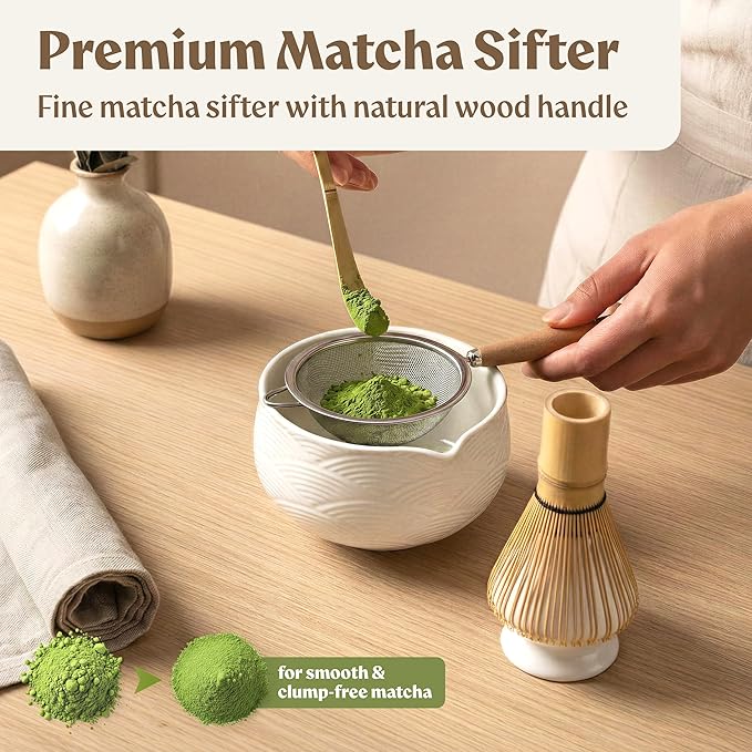 Matcha Kit Whisk Set (7 Pcs) - Complete Matcha Set, Matcha Bowl with with Bowl, Whisk and Holder, Bamboo Spoon/Scoop, Scoop Rester and Sifter incl. Booklet