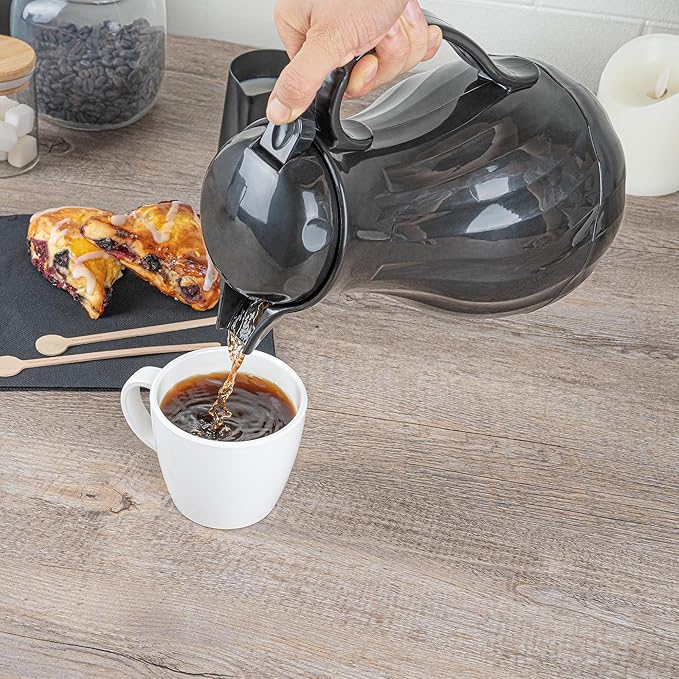 Restaurantware-Restpresso 42 Ounce Coffee Carafe, 1 Insulated Coffee Server - Push-Button Top, Swirl Design, Black Plastic Pitcher, Built-In Handle, With Identification Tags