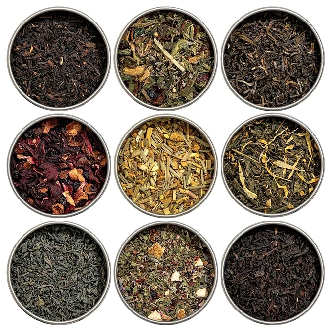 Heavenly Tea Leaves Organic 9 Loose Leaf Tea Sampler Gift Set (Approx. 90 Cups) | Assortment of Black Tea, Green Tea, Herbal Tea | High to No Caffeine | Great Hot or Iced | Premium Assorted Gift Box