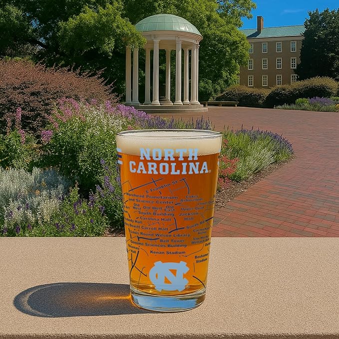 Greenline Goods – North Carolina College Pint Beer Glasses (Set of 2), 16 oz – Full‑Color Logo + Campus Map