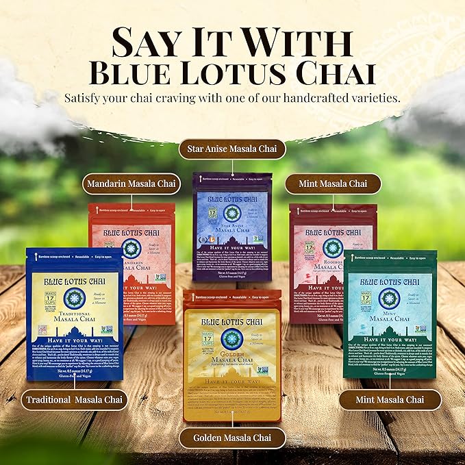 Blue Lotus Chai - Golden Masala Flavor Chai - Makes 17 Cups - 0.5 Ounce Masala Spiced Chai Powder with Organic Spices - Instant Indian Tea No Steeping - No Gluten
