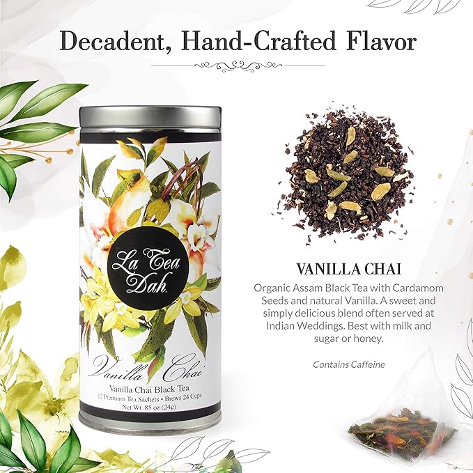 Vanilla Chai Black Tea by La Tea Dah, Premium Spiced Chai Tea Bags made with Organic Black Tea Leaves, Cardamom, & Vanilla, Floral Tea Gift Collection, Contains Caffeine (12 Sachets)