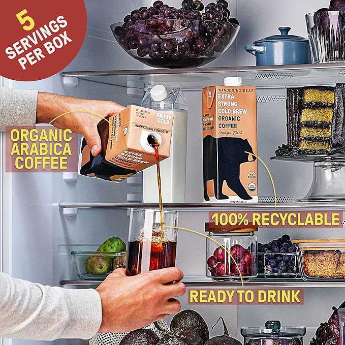 Wandering Bear Organic Mocha Cold Brew Coffee - Strong, Bold, Smooth, Unsweetened, Shelf-Stable, Ready to Drink, Gluten Free, & Vegan Iced Cold Brewed Coffee Drink - 32 fl oz, 3 pack