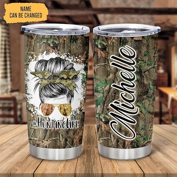 Hyturtle Personalized Hunting Gifts For Women - Huntinglife Camo Customized Name Tumbler 20 Oz Travel Coffee Mug Stainless Steel - Hunting Gift For Mom, Her, Hunters On Birthday, Christmas
