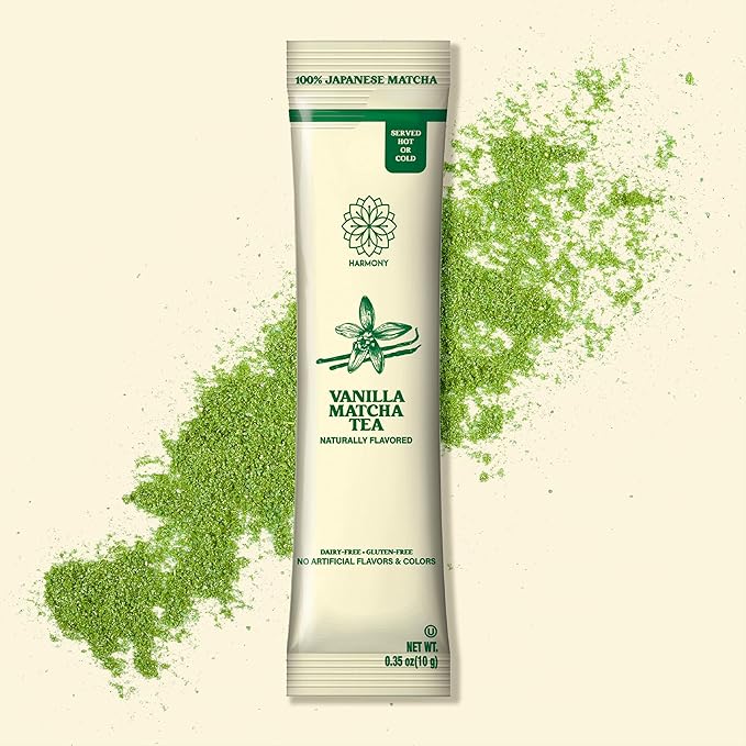 The Harmony Matcha Vanilla (10 Sticks) Premium Sweetened Japanese Matcha Powder, Rich in Antioxidants & L-Theanine, Dairy, Gluten, & Preservative Free, Serve Hot or Iced