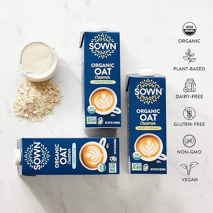 SOWN Organic Oat Creamer Vanilla - Barista Oat Milk Non Dairy Coffee Creamer - Plant Based, Dairy-Free, Vegan, Gluten-Free, Non-GMO, Shelf Stable - 32oz