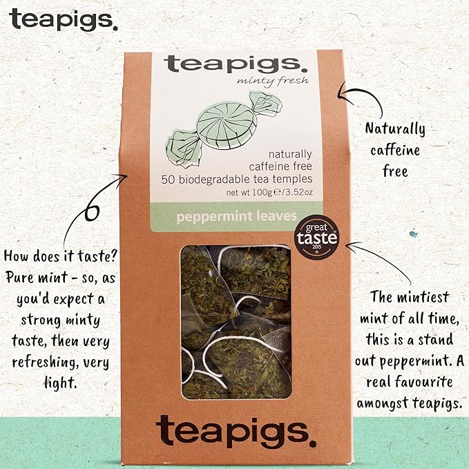 Teapigs Peppermint Leaves Tea Bags Made with Whole Leaves, Caffeine-Free, Natural Ingredients (1 Pack of 50 Teabags)