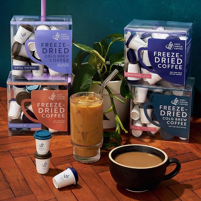 COZY INDIGO COFFEE - MIXTAPE 01 Instant Freeze Dried Specialty Coffee, 3 Flavor Variety Pack, Medium, Dark, Italian Roasts, 24 Capsules, 100% Arabica, Enjoy Cold or Hot, Perfect for Travel and On The Go