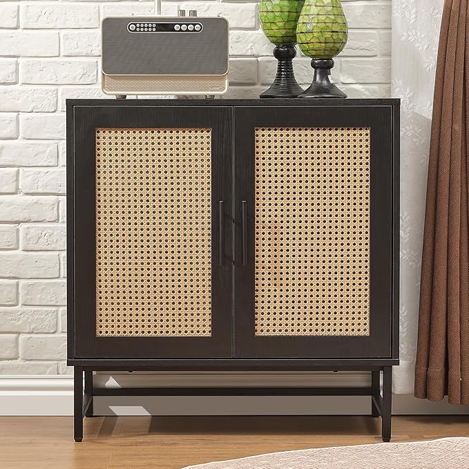 Storage Cabinet with PE Rattan Door, Sideboard Buffet Kitchen Cabinet, Modern Stylish Accent Furniture for Dining Room, Bedroom, Hallway, Living Room, Coffee Bar, Corner, Black