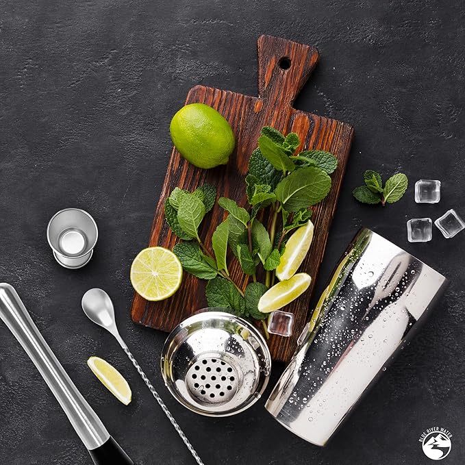24oz Cocktail Shaker Set - Martini Shaker w Built-in Drink Shaker Strainer, Muddler, Jigger, Mixing Spoon, Recipe Book for Bartending - Bar Shaker/Alcohol Shaker