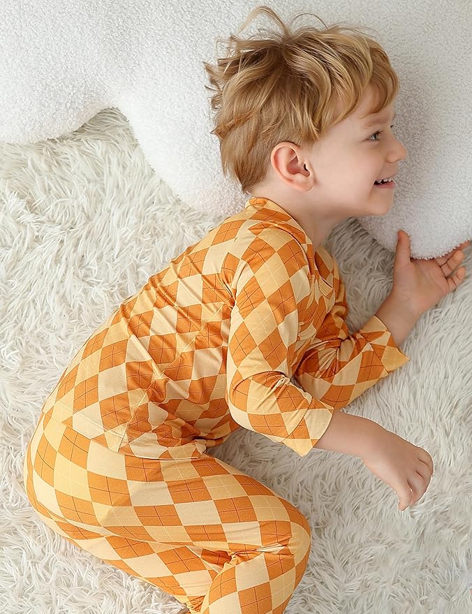 JunNeng Bamboo Viscose Pajamas for Toddler Boys, Baby Kids Diamond Pajamas Snug Fit Long Sleeve Sleeper