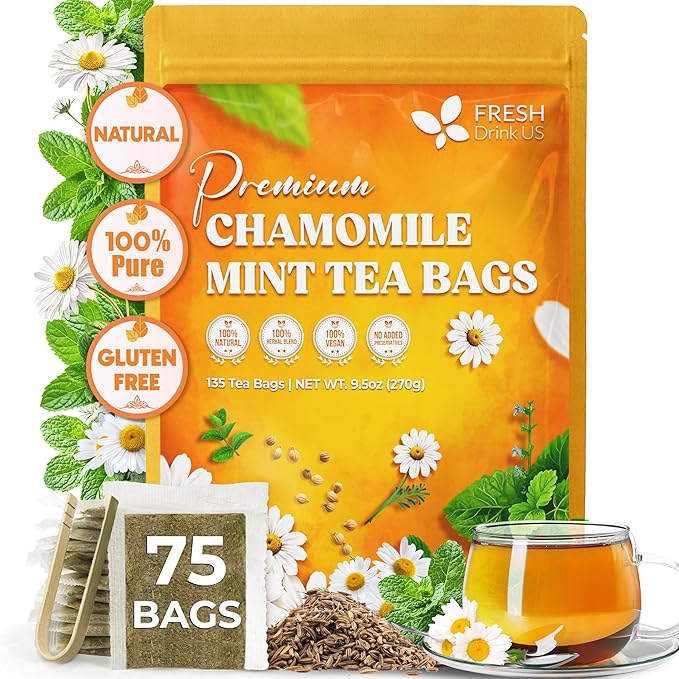 FreshDrinkUS, Chamomile Mint Tea Bags | 75 Count | Refreshing Herbal Blend of Chamomile Flower, Peppermint, Lemon Balm & other herbs – Smooth Floral & Minty Flavor – Premium Quality, Caffeine-Free