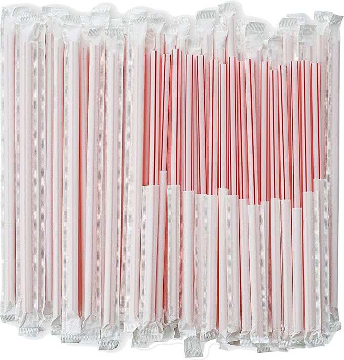 DuraHome Striped Plastic Straws Individually Wrapped White and Red 1000 Pack - 8 inch Drinking Straw, BPA Free Restaurant Style Disposable Straight Straws 0.24" Wide, Bulk Set