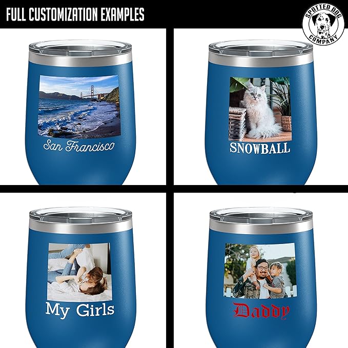 Personalized 12oz (17 Colors) Mother's Day Photo Printed Insulated Stainless Steel Powder Coated Stemless Wine Tumbler with Lid, Customized Gift Idea for Her, Coach Gifts Team Mom Dad (Royal Blue)