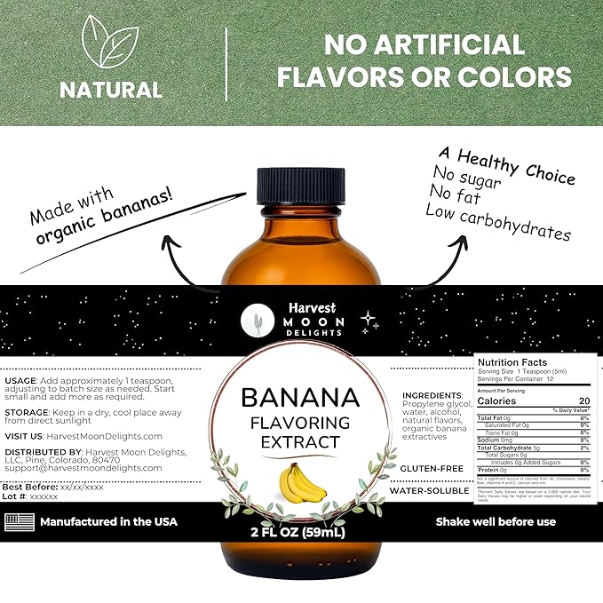 Natural Banana Extract - 2 oz - Water-Soluble - By Harvest Moon Delights - Banana Extract for Baking, Ice Cream, Drinks, and Candy - Sugar Free