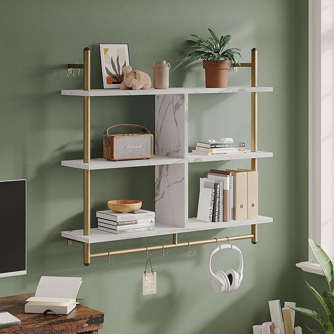 Bestier Kitchen Shelves Wall Mounted Floating Pipe Shelving 3 Tier 41.5" Coffee Bar Shelf with Holder Wall Display Storage Rack Kitchen Organization and Home Decor, White Faux Marble