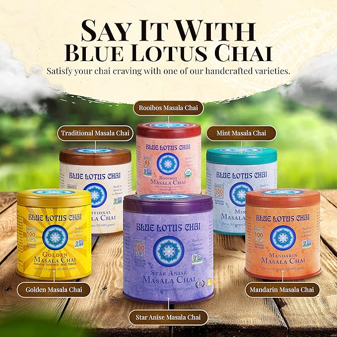 Blue Lotus Chai - Star Anise Masala Chai - Makes 100 Cups - 3 Ounce Masala Spiced Chai Powder with Organic Spices - Instant Indian Tea No Steeping - No Gluten
