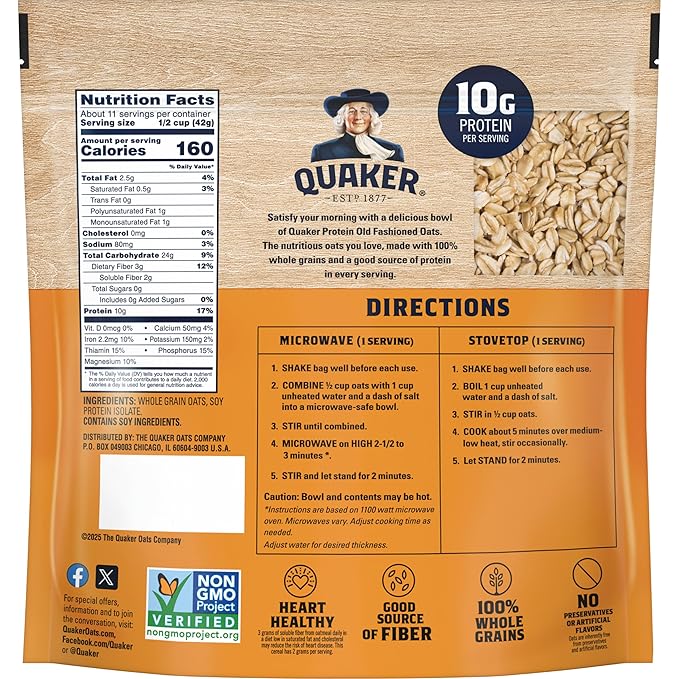 Quaker Protein Old Fashioned Rolled Oats, 10g Protein per Serving, Whole Grains, No Preservatives, No Artificial Flavors, 16 oz Bag (Pack of 3)