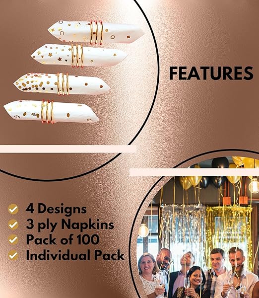 100 PK Gold Napkins - 4 Assorted Designs - 3-Ply Cocktail Napkins Folded 5 x 5 Inches Bar Napkins Disposable Party Napkins Paper Napkins Dinner for Wedding Baby Shower Birthday Graduation 2023